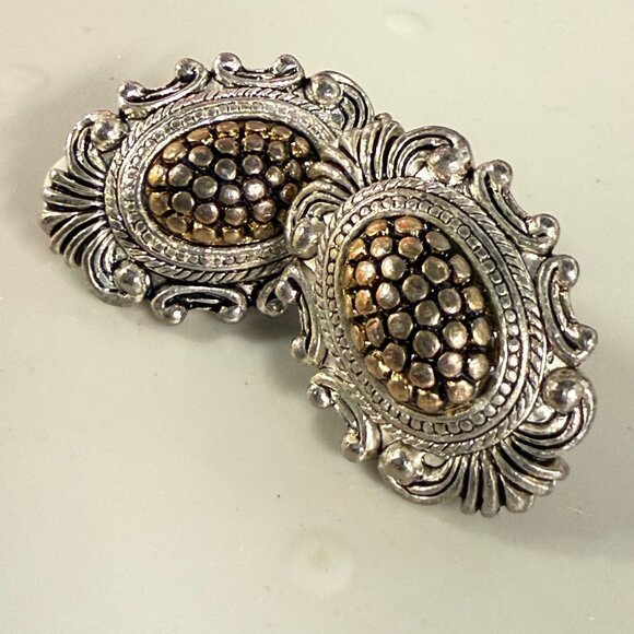 Vintage Ornate Silver & Gold-Tone Clip-On Earrings Women Classic Textured Design - Picture 5 of 16
